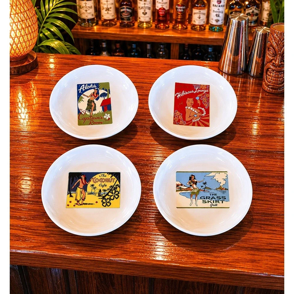 Pottery Barn 90s Aloha Girls Tiki Appetizer Plates Set of 4 Hula Girl Cocktails